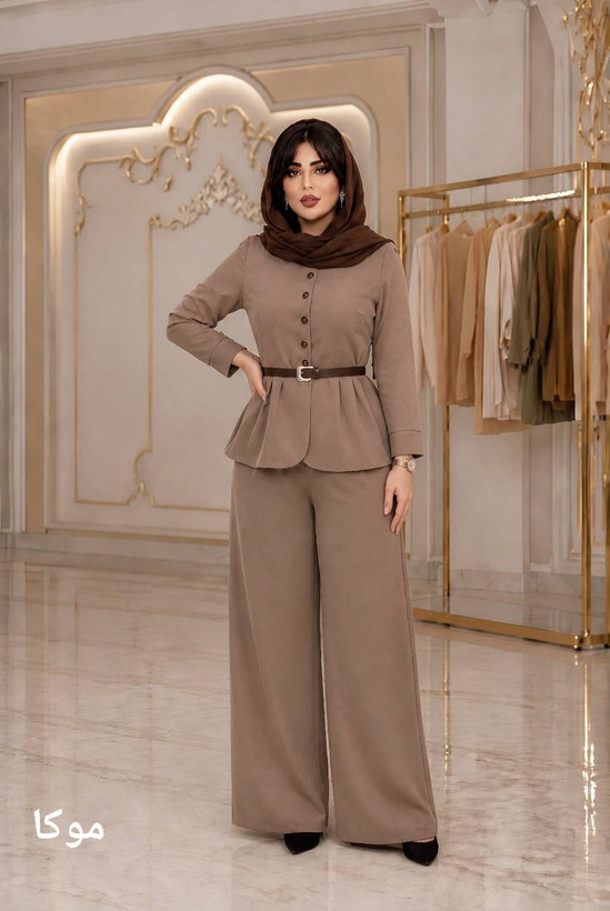 ست سه تیکه مانتو شلوار ،کمربند، جنس بزیاق ریزشی زنانه