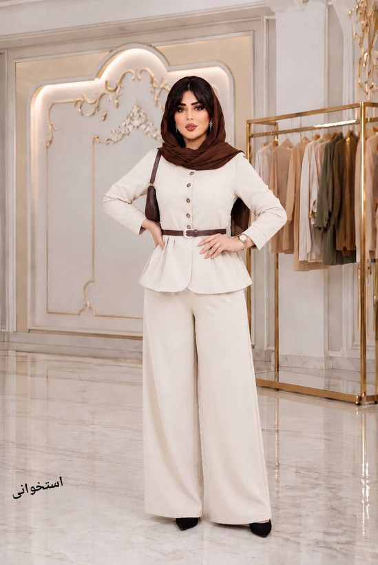 ست سه تیکه مانتو شلوار ،کمربند، جنس بزیاق ریزشی زنانه